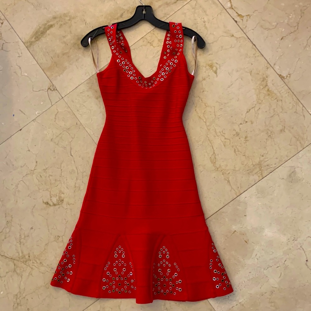 HERVE LEGER- lipstick red bandage dress